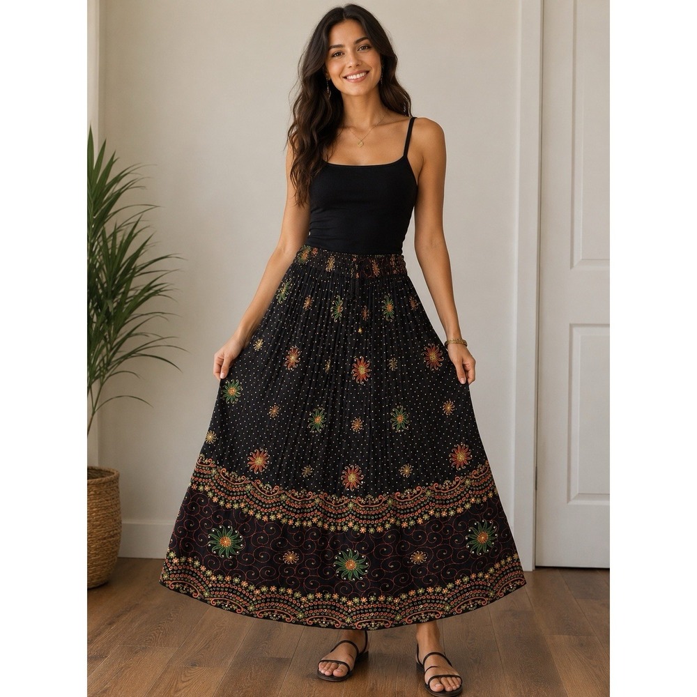 Royal Paisley 100% Cotton Elastic Waistband Black Boho Flowy Long Skirt‎ Sz S